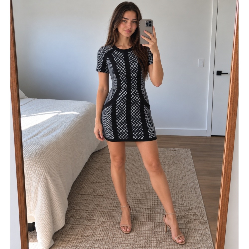 BCBGMAXAZRIA Womens Bodycon Mini Dress‎ S Black Geometric Office Edgy Cocktail